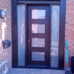 Front Entry Door-Modern Door-Modern Fiberglass Door with 4 Door Lites and 2 Frosted Side Lites Installed in Burlington-Ontario
