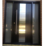 Modern Contemporary Front Entry Door – Frosted Glass and steel plate, Modern Exterior front Door with 2 Side Lites and Multi Point Locks Installed by modern-doors.ca in Toronto, Ontaio