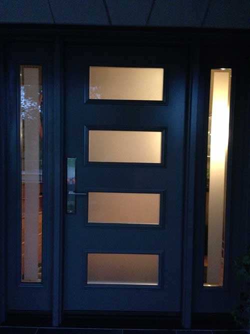 Modern Single Fiberglass Door with 2 side Lites and Frosted Glass Installed in Brampton, Ontario by Modern-doors.ca
